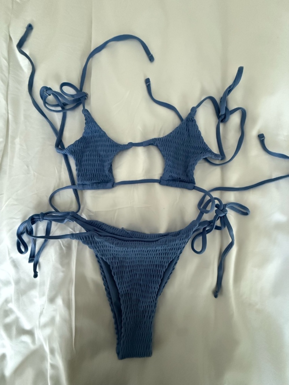 Smocked Tie-Side Bikini Set - Blue